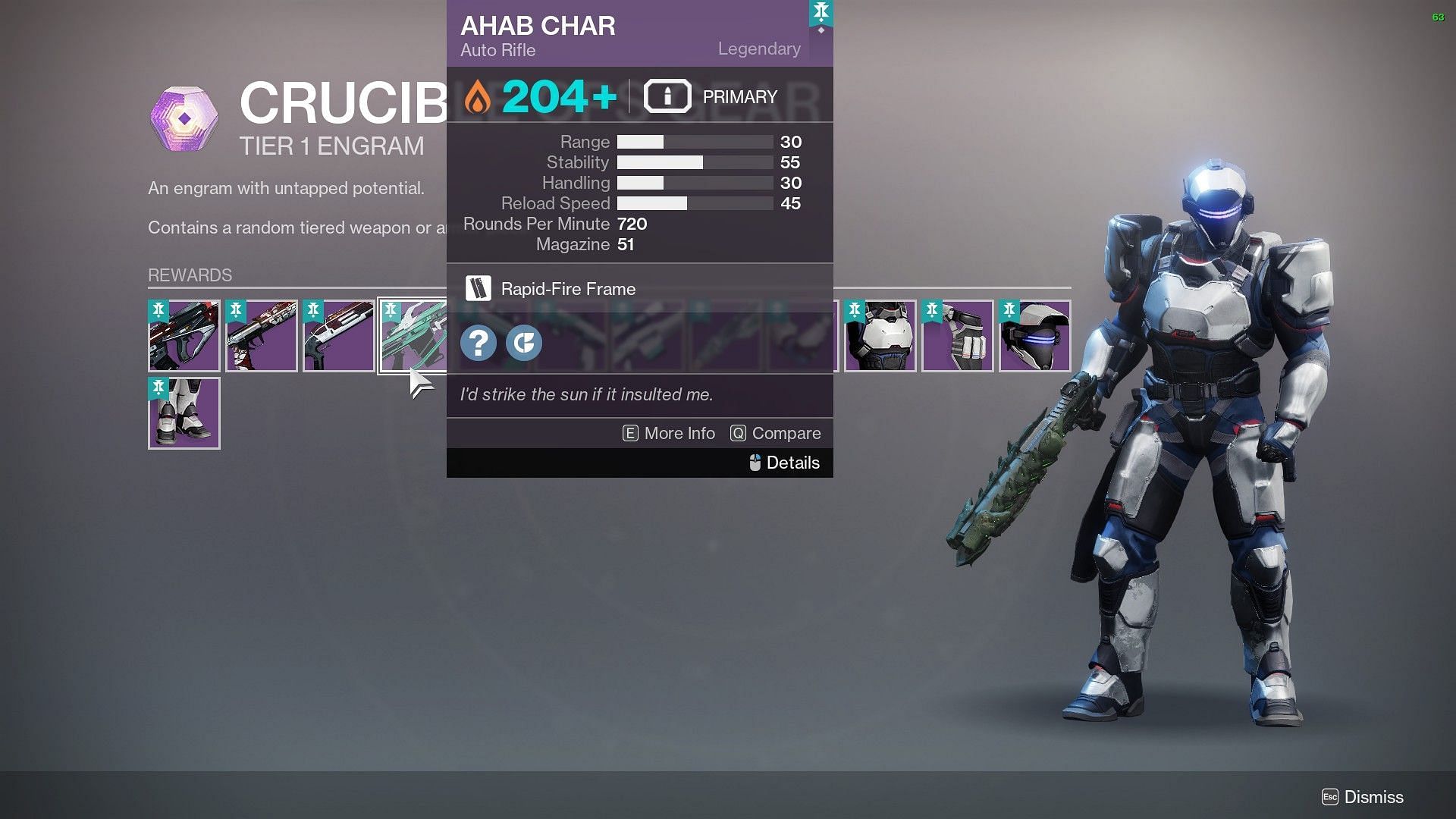 Ahab Char in Destiny 2 Crucible Ops loot pool (Image via Bungie)